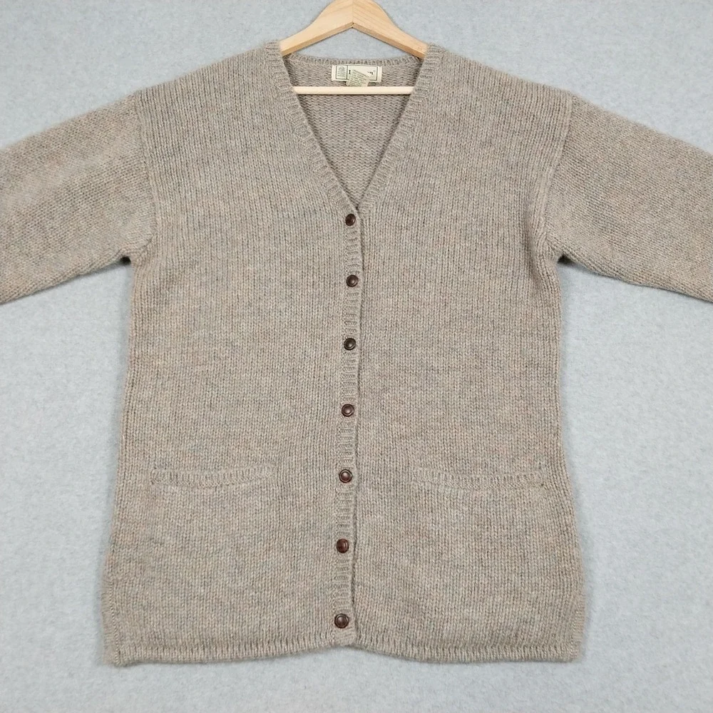 Vintage LL Bean Cardigan Womens Medium Biege Tan 100% Pure New Wool Cozy 90s